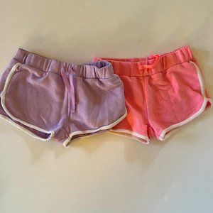 2 pairs of retro style gym shorts, 8 years, pink & purple